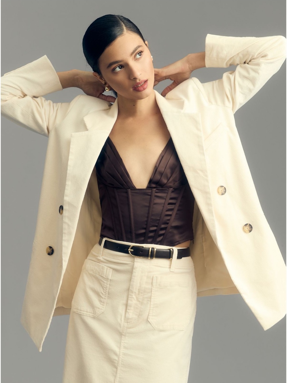 Anthropologie Maeve Corduroy Double Breasted Blazer Ivory Jacket Pockets 6 NEW